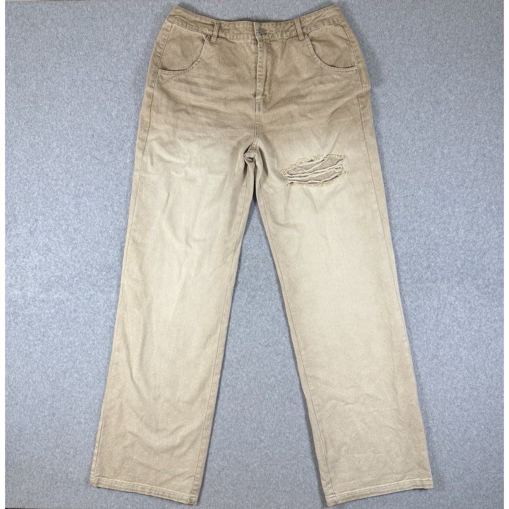 NWT Mars The Label The Maxine Set Jeans Beige Distressed Wide Leg High Rise US 8